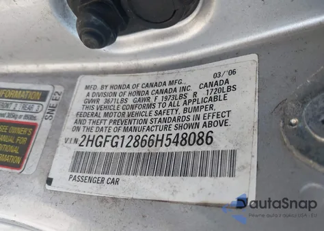 2006 Honda Civic Ex from USA, damaged, VIN 2HGFG12866H548086